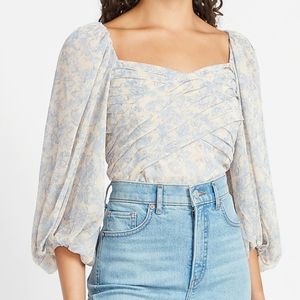 metallic floral pleated balloon sleeve top